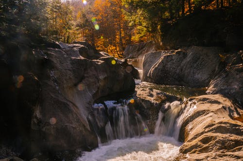 瀑布流经森林中的岩石 · 免费素材图片