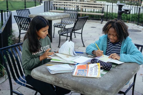 集中多种族的女学生在公园里做作业 · 免费素材图片