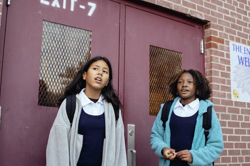 站立在学校门附近的不同的女小学生 · 免费素材图片