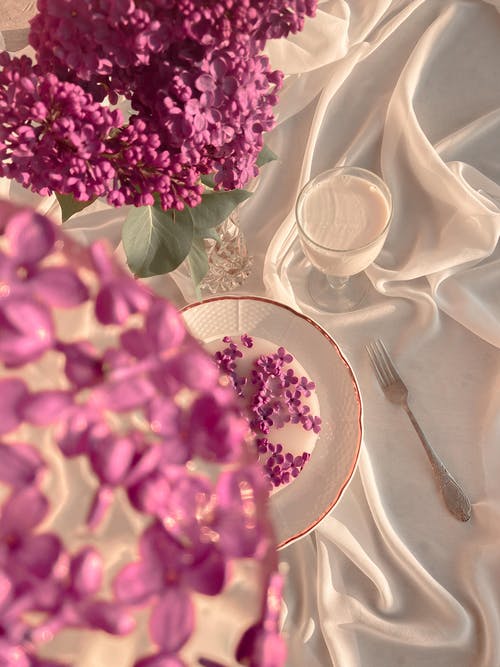 花瓶和冷冻的花瓣在板上的粉红色花朵 · 免费素材图片