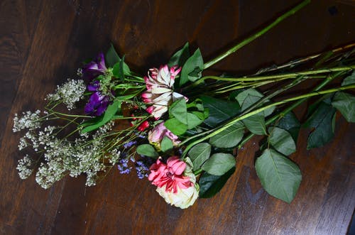 粉色和白色的花朵，棕色木制的桌子上 · 免费素材图片