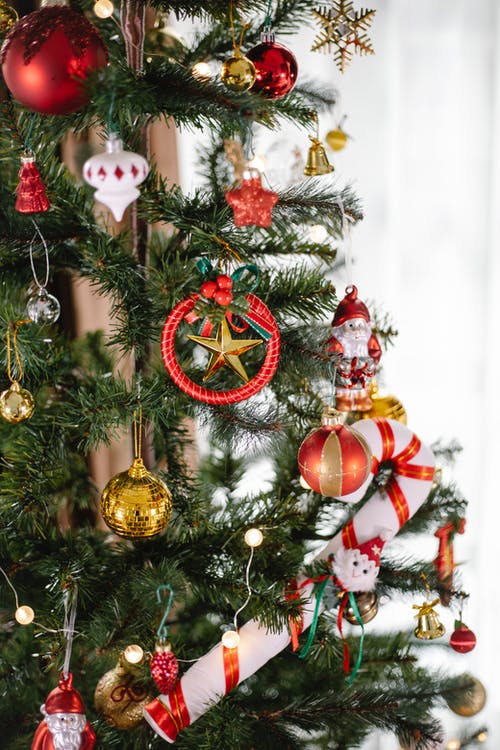 绿色圣诞树上的金色和红色小玩意 · 免费素材图片