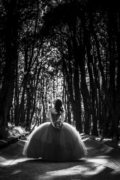 女人穿着婚纱站在树上包围的通路上的灰度照片 · 免费素材图片