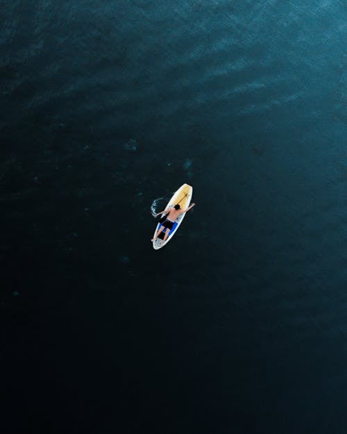 骑在水面上的白色和蓝色冲浪板上的人 · 免费素材图片