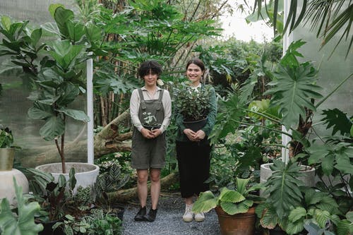 灰色外套和黑色的裤子，站在绿色的植物旁边的人 · 免费素材图片
