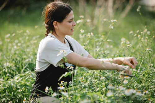 白衬衫和黑色的裙子，坐在绿草地上的女人 · 免费素材图片