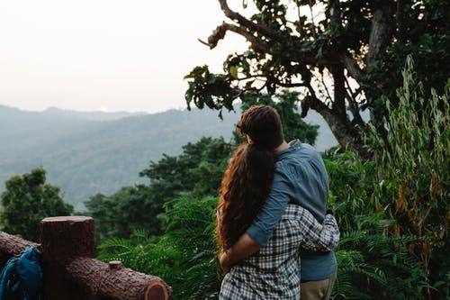 男人和女人站在棕色的树，看着绿色的山脉上的日志 · 免费素材图片