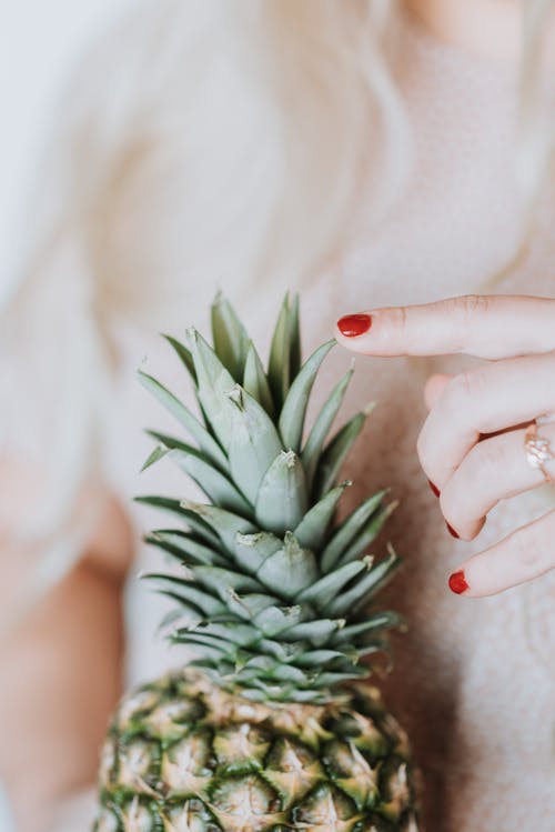 拿着绿色的植物的红指甲的女人 · 免费素材图片