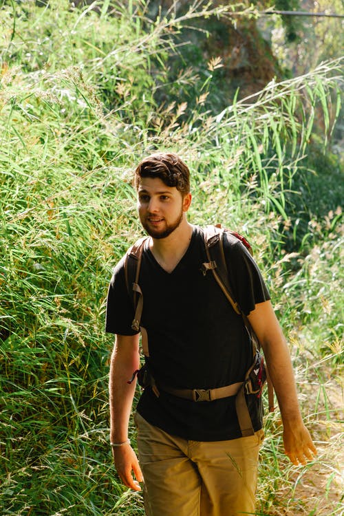 穿着黑色圆领t恤的男人站在绿色的植物附近 · 免费素材图片