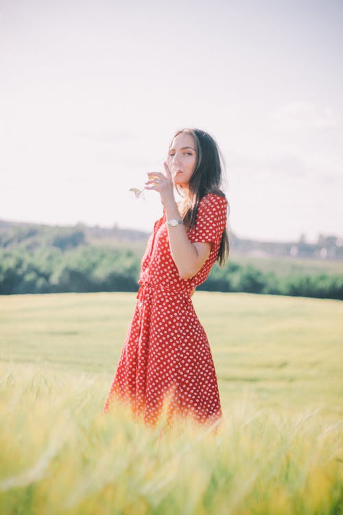 有关咖啡色头发的女人, 喝, 圆点连衣裙的免费素材图片