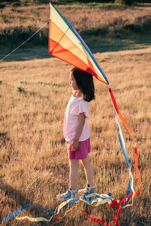 草地上拿着五颜六色的风筝的女孩 · 免费素材图片