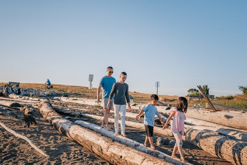 一家人在原木上行走 · 免费素材图片