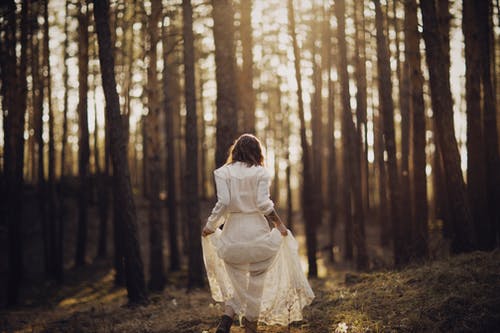 一个女人在森林里散步时撩起裙子 · 免费素材图片