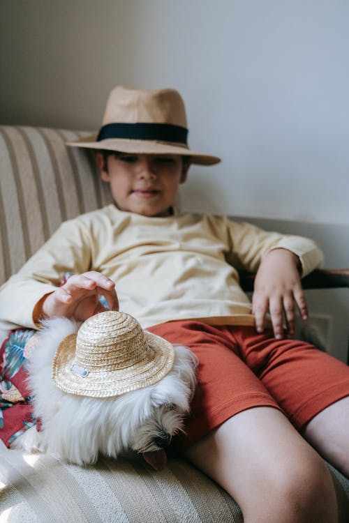 一只狗和一个戴帽子的男孩 · 免费素材图片