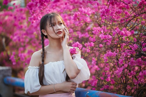 有关九重葛, 女人, 树的免费素材图片