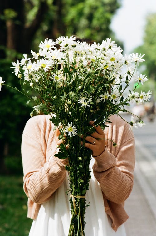 开襟衫，拿着白花的女人 · 免费素材图片