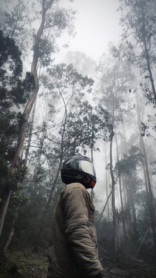 森林里的棕色夹克戴头盔的人 · 免费素材图片