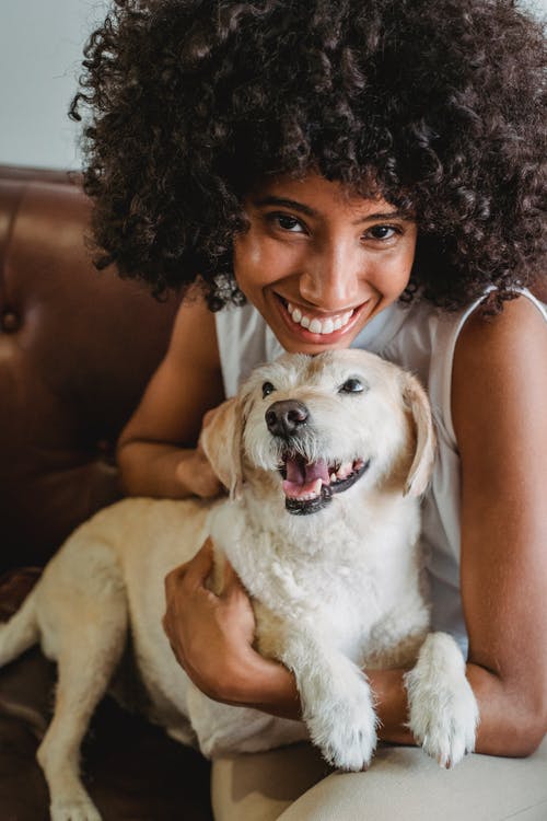 幸福的黑女人拥抱可爱的小狗 · 免费素材图片