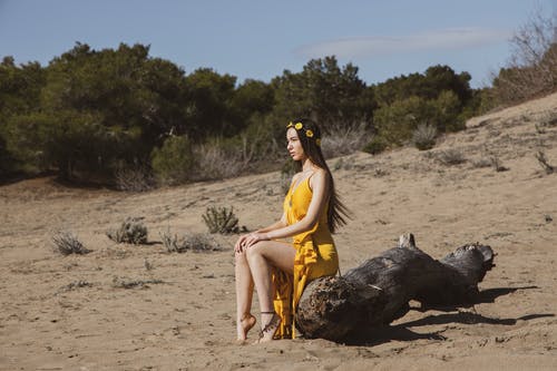 黄色的裙子，坐在木头上的女人 · 免费素材图片