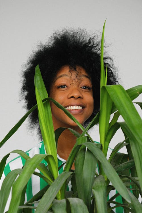 在植物后面微笑的女人 · 免费素材图片