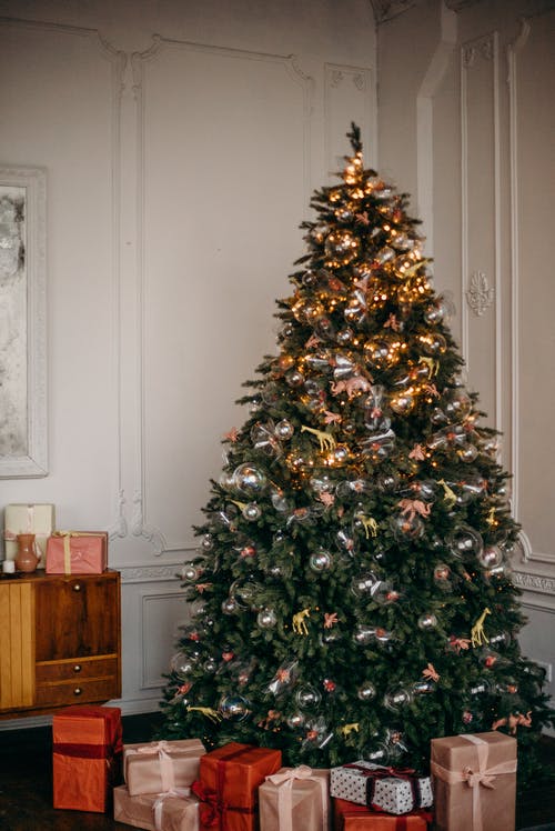 绿色圣诞树上的灯光和装饰 · 免费素材图片