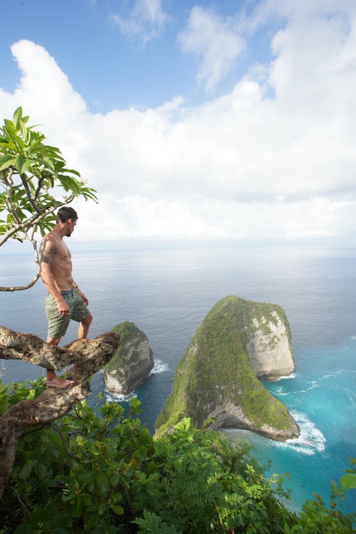 裸照的男人穿着灰色短裤站在树枝上，观看岛屿和水体 · 免费素材图片