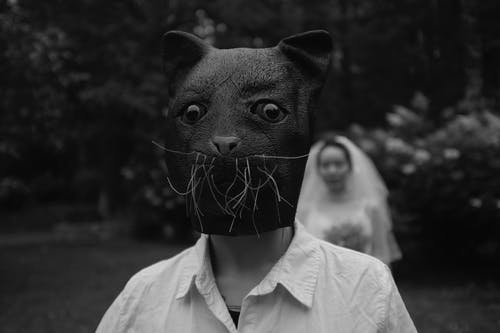 戴着狗口罩的人的灰度照片 · 免费素材图片