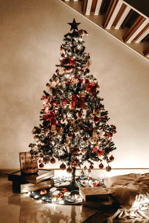 在楼梯下的装饰圣诞树 · 免费素材图片