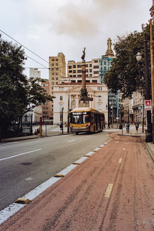 道路上的黄色和黑色巴士 · 免费素材图片