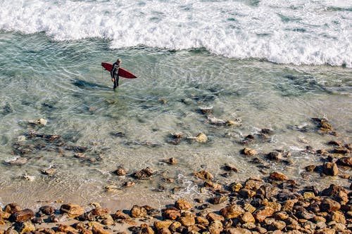 白天在棕色石头附近的清澈水中举行红色冲浪板的人 · 免费素材图片