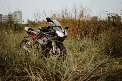 黑色和红色胜利代托纳摩托车停在棕色草地上的照片 · 免费素材图片