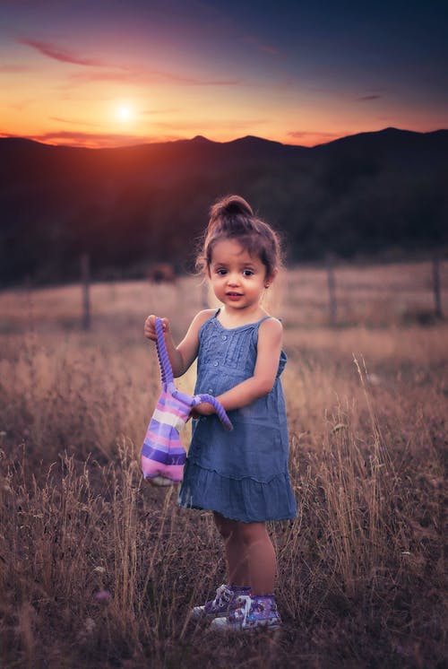 在日落期间站在草地上的蓝色连衣裙的女孩 · 免费素材图片