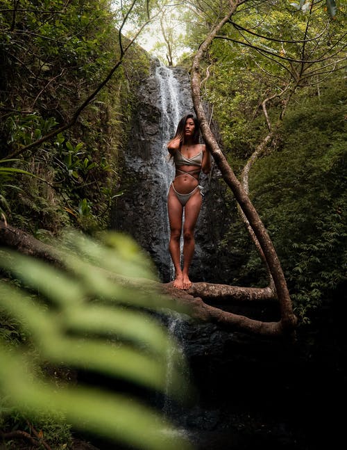 白天穿着灰色比基尼站在瀑布前的树枝上的女人 · 免费素材图片
