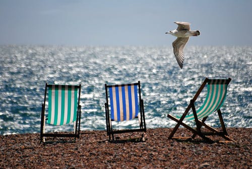 3棕色海岸上的绿色和蓝色沙滩椅 · 免费素材图片