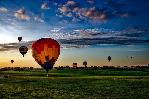 金色小时在草地上的各色热气球 · 免费素材图片
