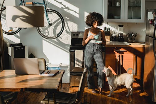 黑人妇女与附近狗在厨房里的咖啡 · 免费素材图片