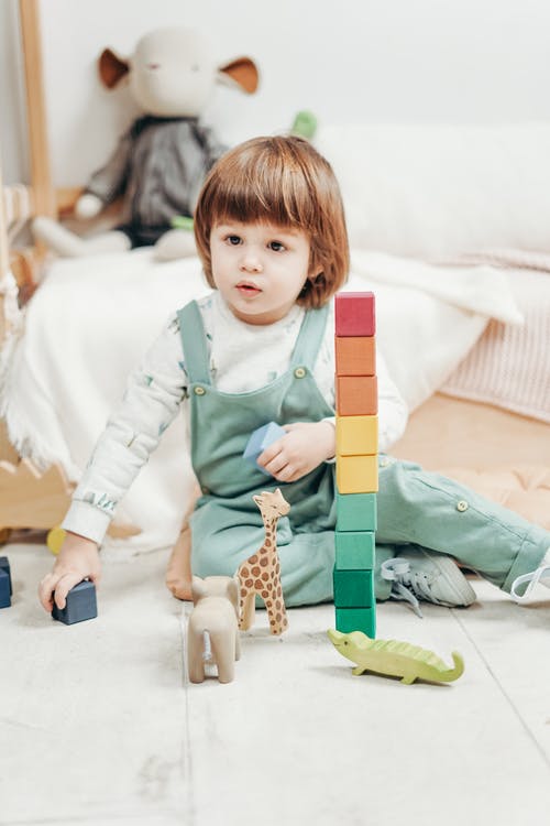 白色长袖上衣和粗斜纹棉布长裤的孩子玩乐高积木和玩具 · 免费素材图片