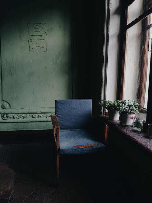 白天在窗台上的花盆里的花朵旁边的棕色木框蓝色织物扶手椅 · 免费素材图片