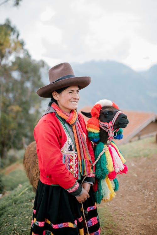 有站立在秘鲁村庄的逗人喜爱的喇嘛的正面种族妇女在多云天 · 免费素材图片