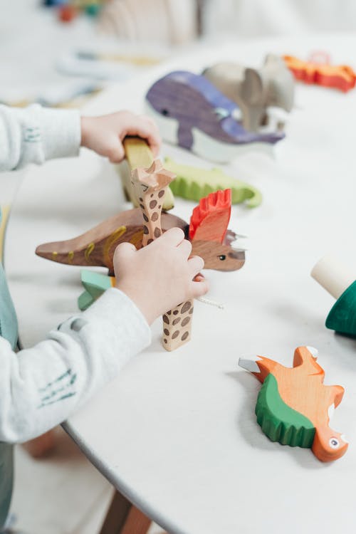 孩子抱着棕色和绿色的木制动物玩具 · 免费素材图片