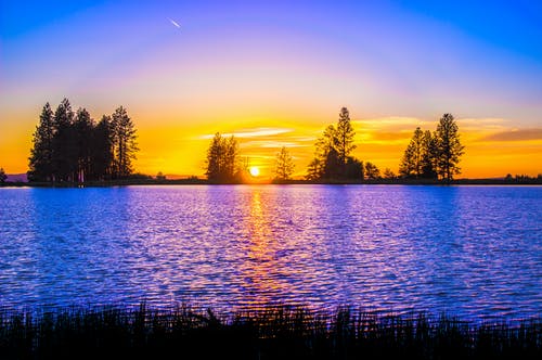 湖与树剪影的蓝色和橙色落日 · 免费素材图片