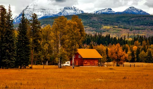 树木和山脉附近的棕色小屋 · 免费素材图片