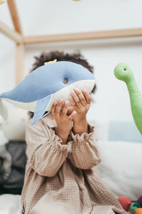 女孩抱着鲸鱼毛绒玩具 · 免费素材图片