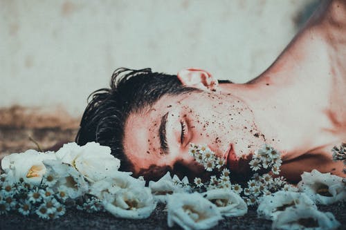 男子躺在白花 · 免费素材图片