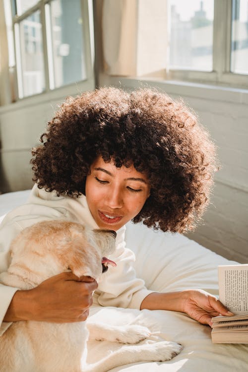 黑人妇女在卧室里看书时拥抱狗 · 免费素材图片