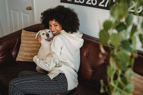 拥抱与狗的微笑的非裔美国人的夫人在客厅 · 免费素材图片
