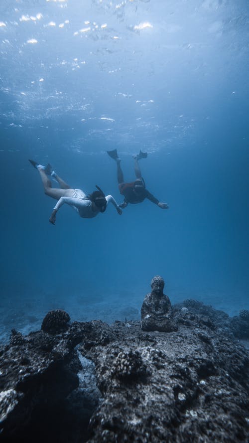 匿名旅行者潜水和观光水下老年佛像 · 免费素材图片