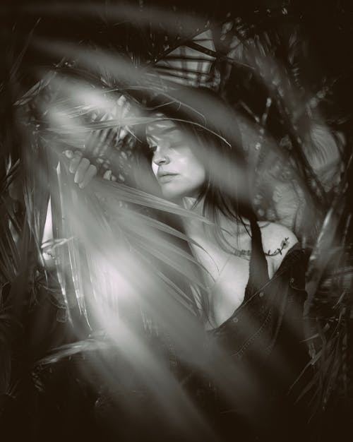 棕榈叶背后的女人的灰度摄影 · 免费素材图片