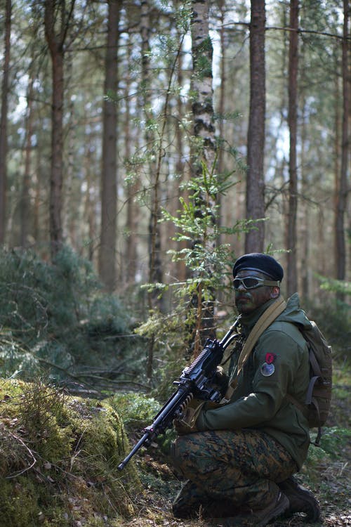绿色的外套，拿着黑色的步枪在森林里的男人 · 免费素材图片