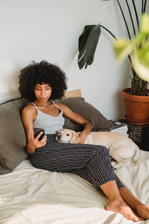 族裔女人看着智能手机与狗在床上 · 免费素材图片